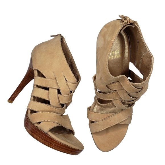 Stuart Weitzman | Cream Leather Strappy Cage Peep Toe Stiletto Heels Women's 7 - Picture 1 of 14